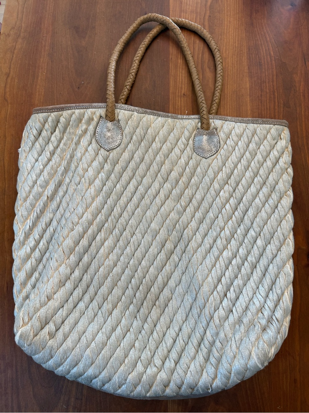 ANTHROPOLOGIE Jasper & Jeera Woven Metallic Tote Bag with Braided Handles EUC